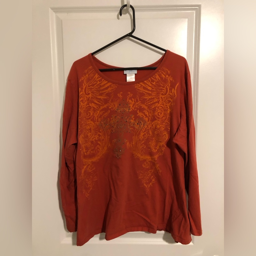 K Jordan Fire Orange Long Sleeved Top with Cross design. Size 2X.